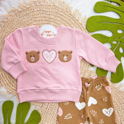 Conj. Casaco de Moletom Dois Ursinhos e Calça Legging Corações - Rose e Marrom